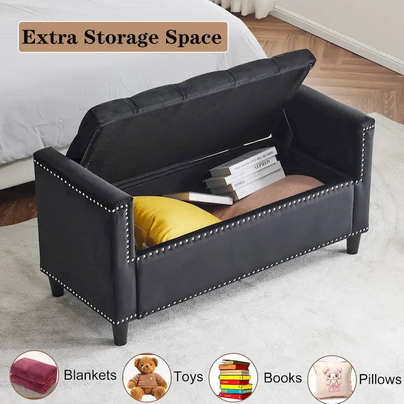 Banc de rangement capitonné boutonné en velours Queen avec accoudoirs et garniture cloutée