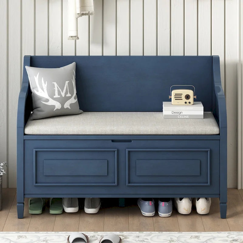 Banc de rangement multifonctionnel en bois massif de style rustique pour entrée avec charnière de sécurité
