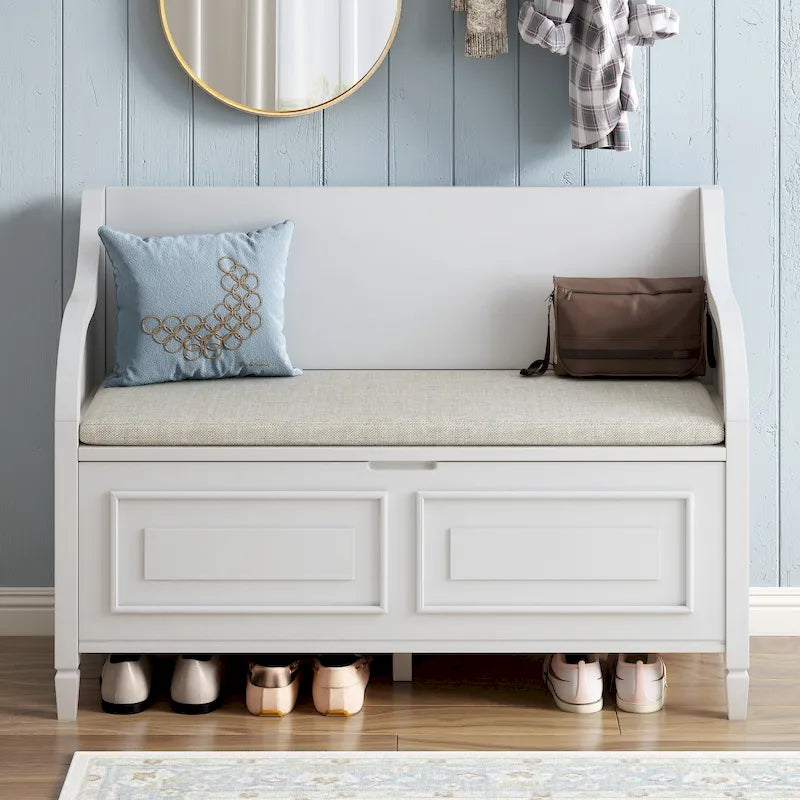 Banc de rangement multifonctionnel en bois massif de style rustique pour entrée avec charnière de sécurité