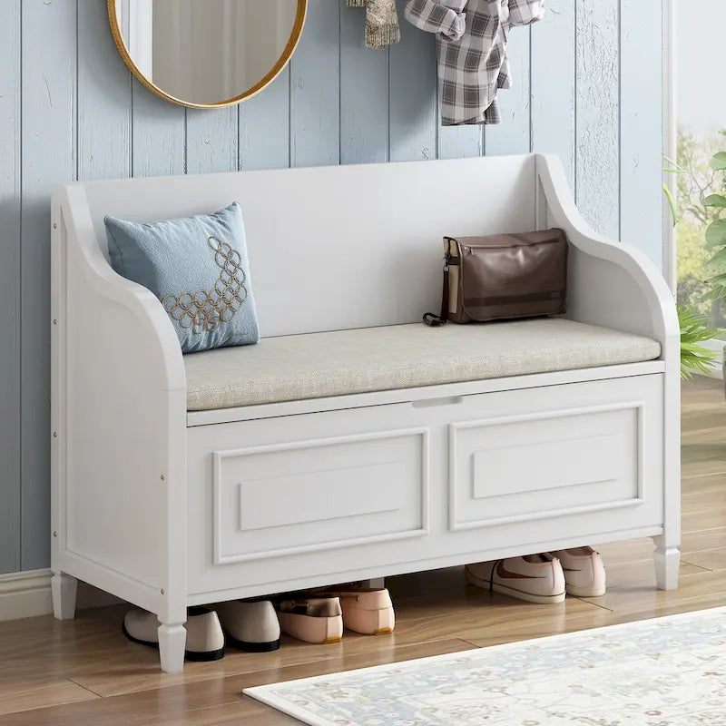 Banc de rangement multifonctionnel en bois massif de style rustique pour entrée avec charnière de sécurité
