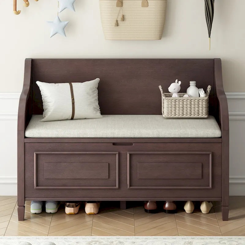 Banc de rangement multifonctionnel en bois massif de style rustique pour entrée avec charnière de sécurité