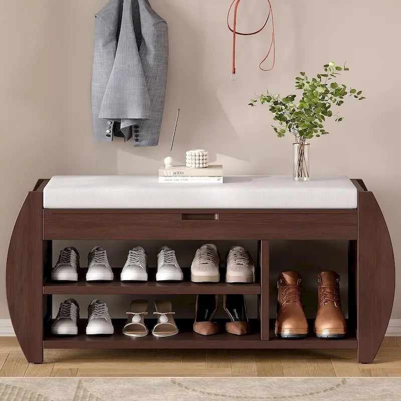 Banc de rangement multifonctionnel avec compartiment caché et étagère ouverte