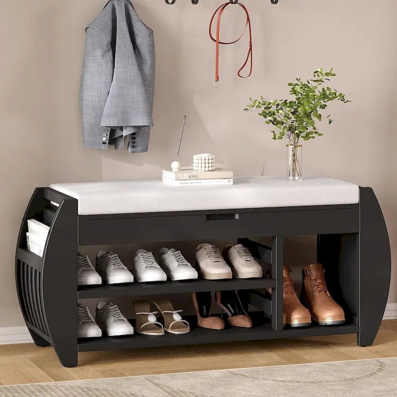 Banc de rangement multifonctionnel avec compartiment caché et étagère ouverte