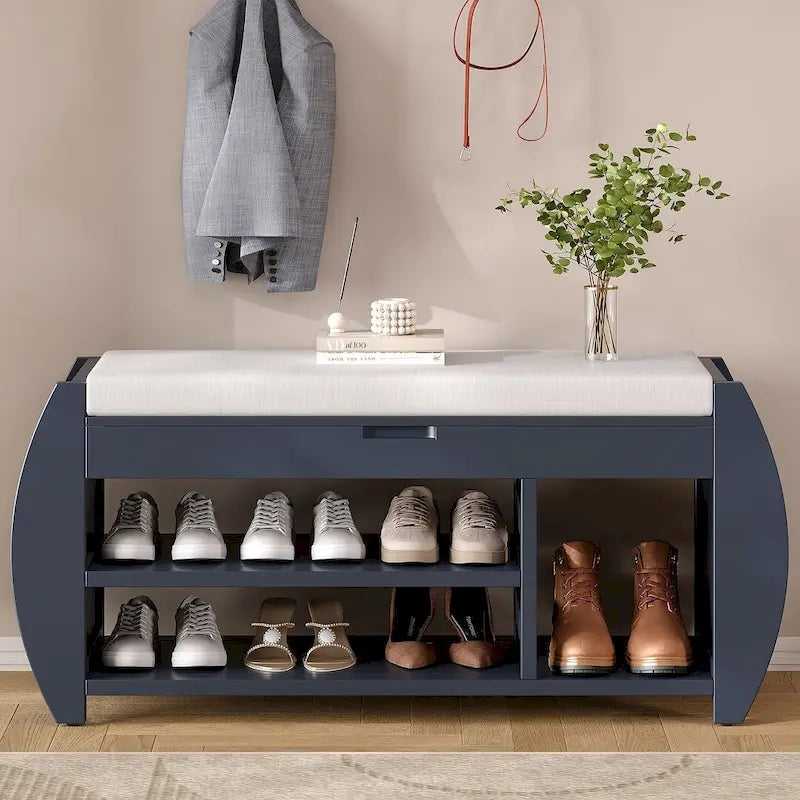 Banc de rangement multifonctionnel avec compartiment caché et étagère ouverte