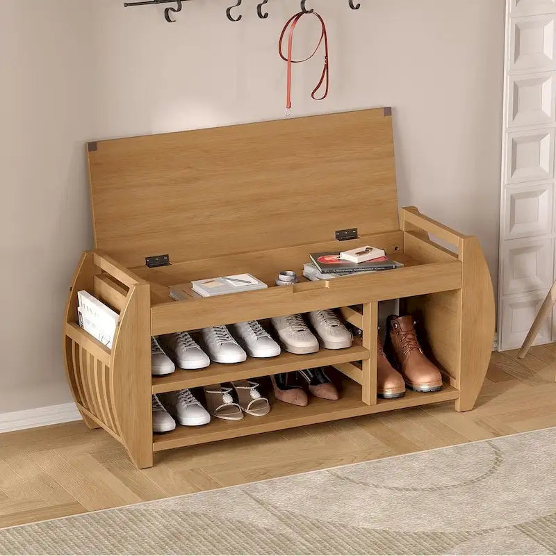 Banc de rangement multifonctionnel avec compartiment caché et étagère ouverte