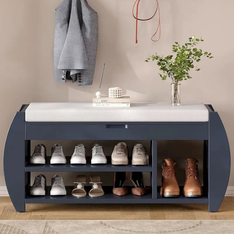 Banc de rangement multifonctionnel avec compartiment caché et étagère ouverte