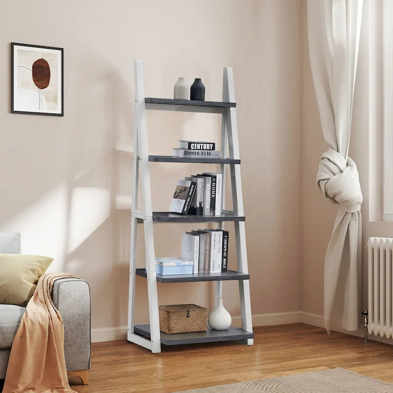 Étagère échelle multifonctionnelle à 5 niveaux avec cadre en bois, peut être utilisée comme étagère de rangement, convient pour le salon, le bureau et le bureau.
