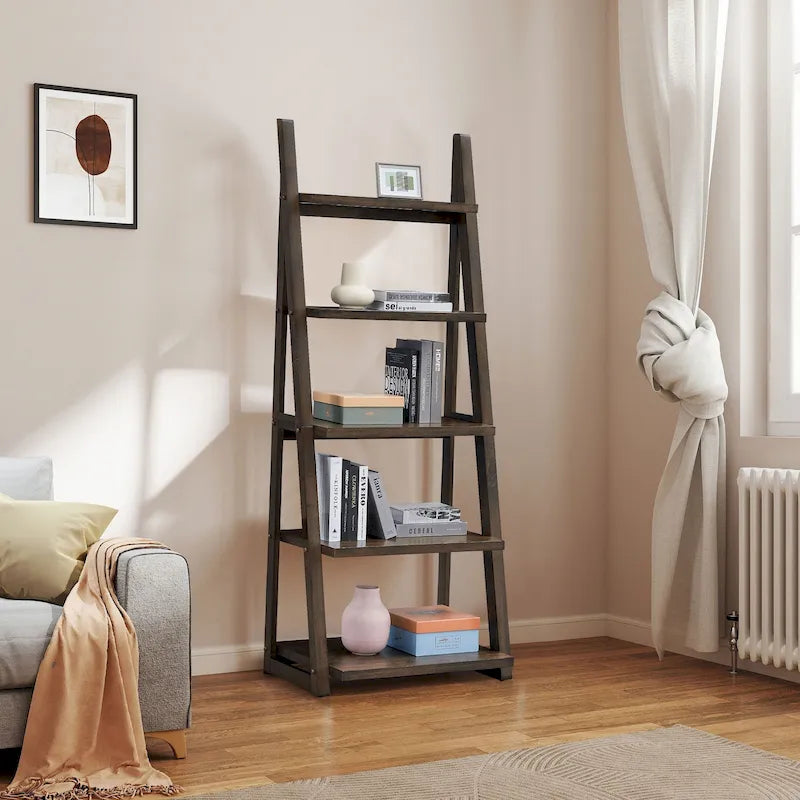 Étagère échelle multifonctionnelle à 5 niveaux avec cadre en bois, peut être utilisée comme étagère de rangement, convient pour le salon, le bureau et le bureau.
