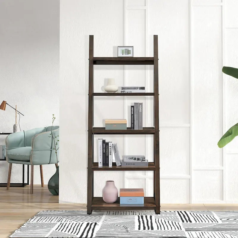 Étagère échelle multifonctionnelle à 5 niveaux avec cadre en bois, peut être utilisée comme étagère de rangement, convient pour le salon, le bureau et le bureau.