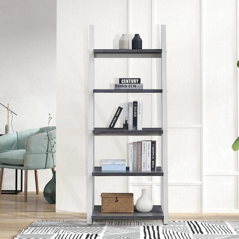 Étagère échelle multifonctionnelle à 5 niveaux avec cadre en bois, peut être utilisée comme étagère de rangement, convient pour le salon, le bureau et le bureau.