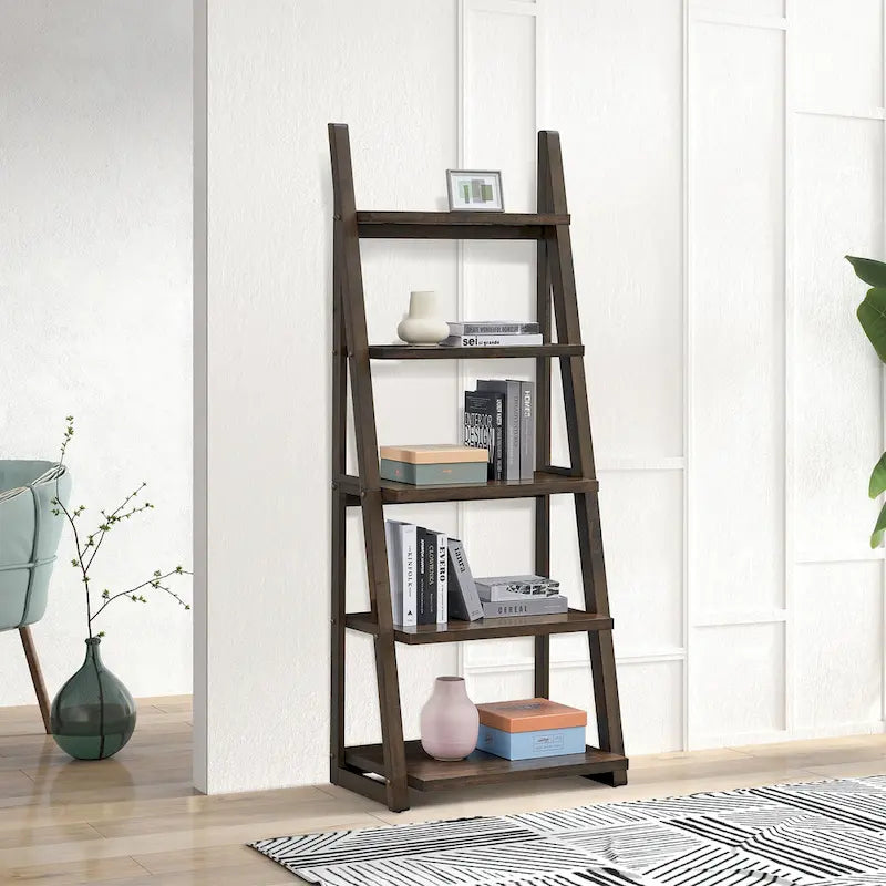 Étagère échelle multifonctionnelle à 5 niveaux avec cadre en bois, peut être utilisée comme étagère de rangement, convient pour le salon, le bureau et le bureau.