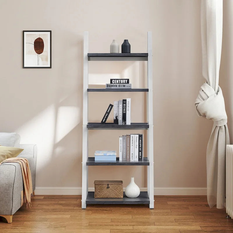 Étagère échelle multifonctionnelle à 5 niveaux avec cadre en bois, peut être utilisée comme étagère de rangement, convient pour le salon, le bureau et le bureau.
