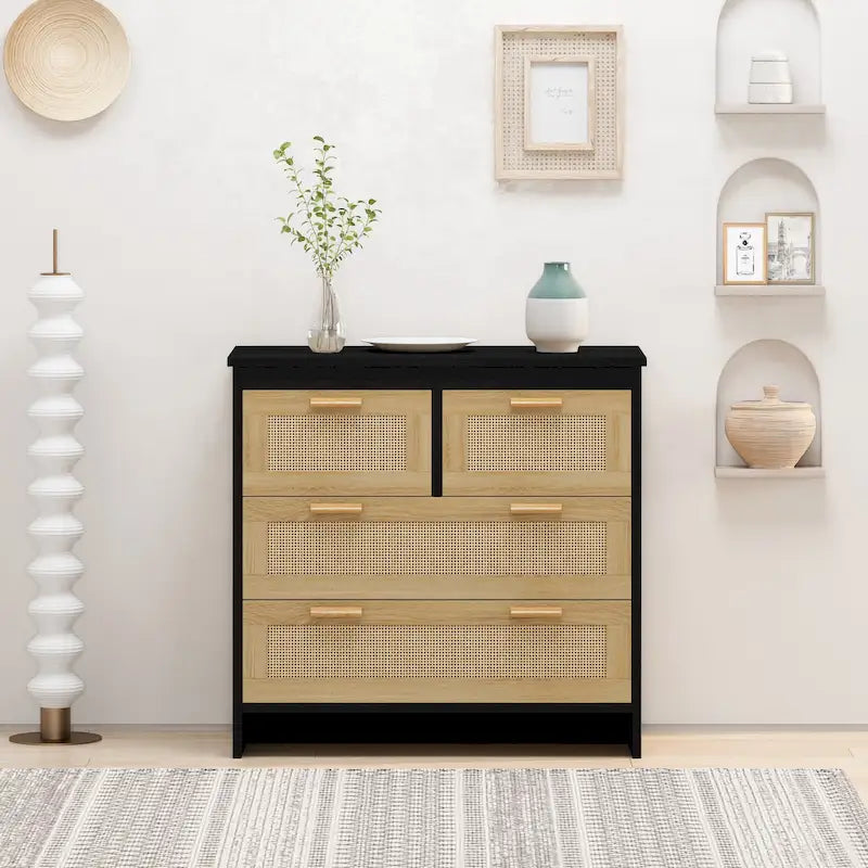 Meuble à 4 tiroirs en bois et rotin