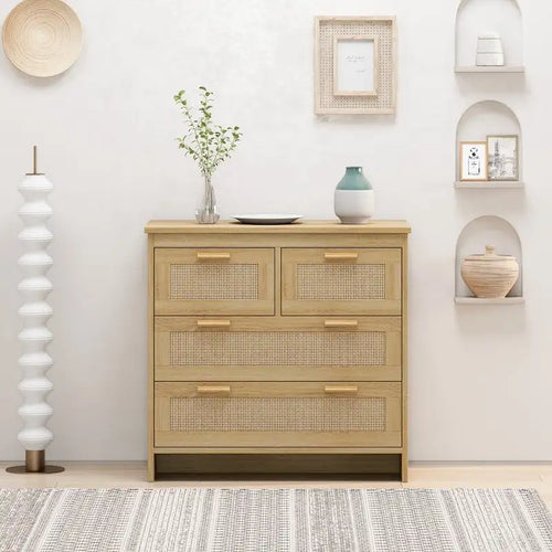 Meuble à 4 tiroirs en bois et rotin