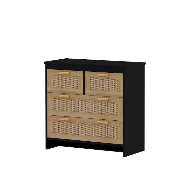 Meuble à 4 tiroirs en bois et rotin