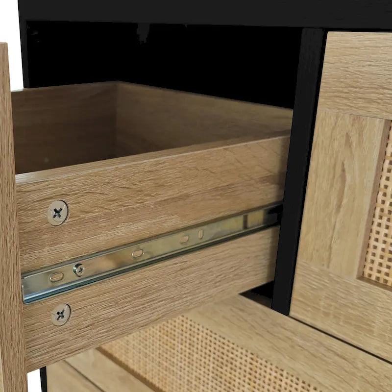 Meuble à 4 tiroirs en bois et rotin