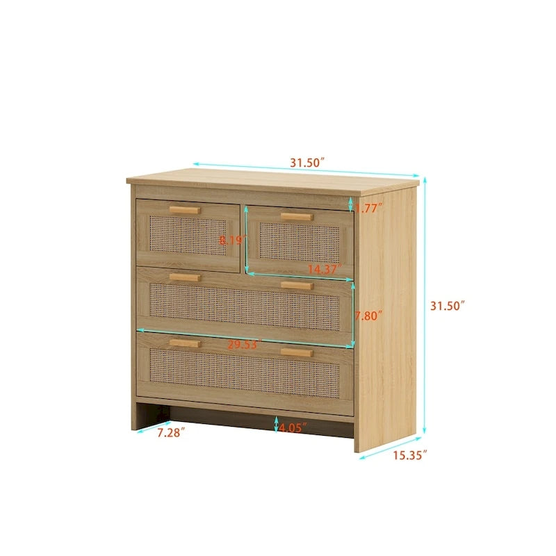 Meuble à 4 tiroirs en bois et rotin