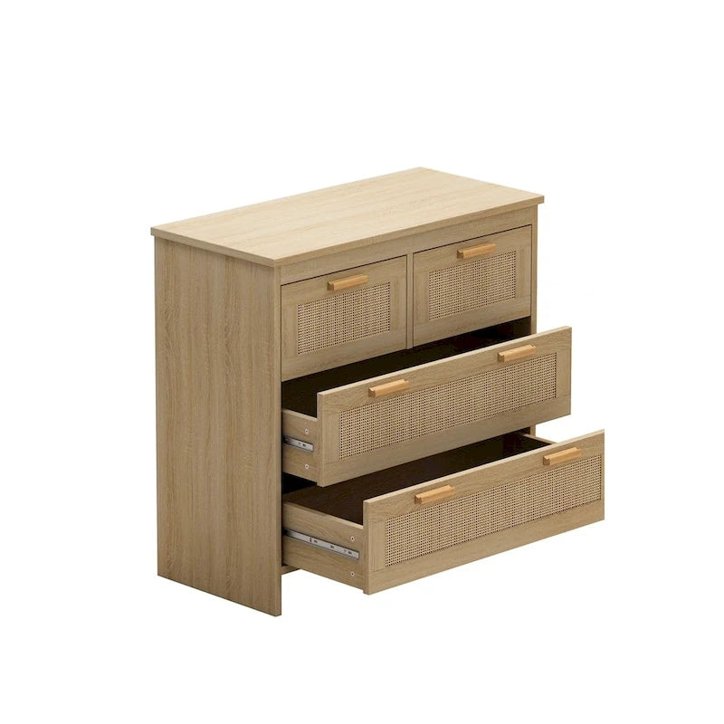 Meuble à 4 tiroirs en bois et rotin
