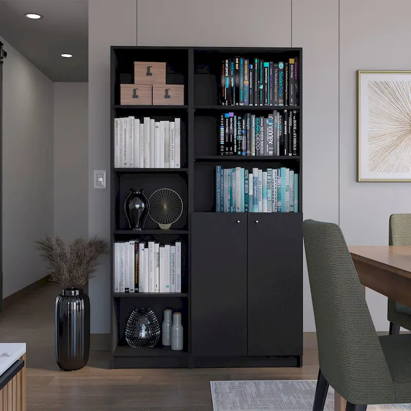 Lot de 2 bibliothèques étroites hautes à 5 étagères avec placard