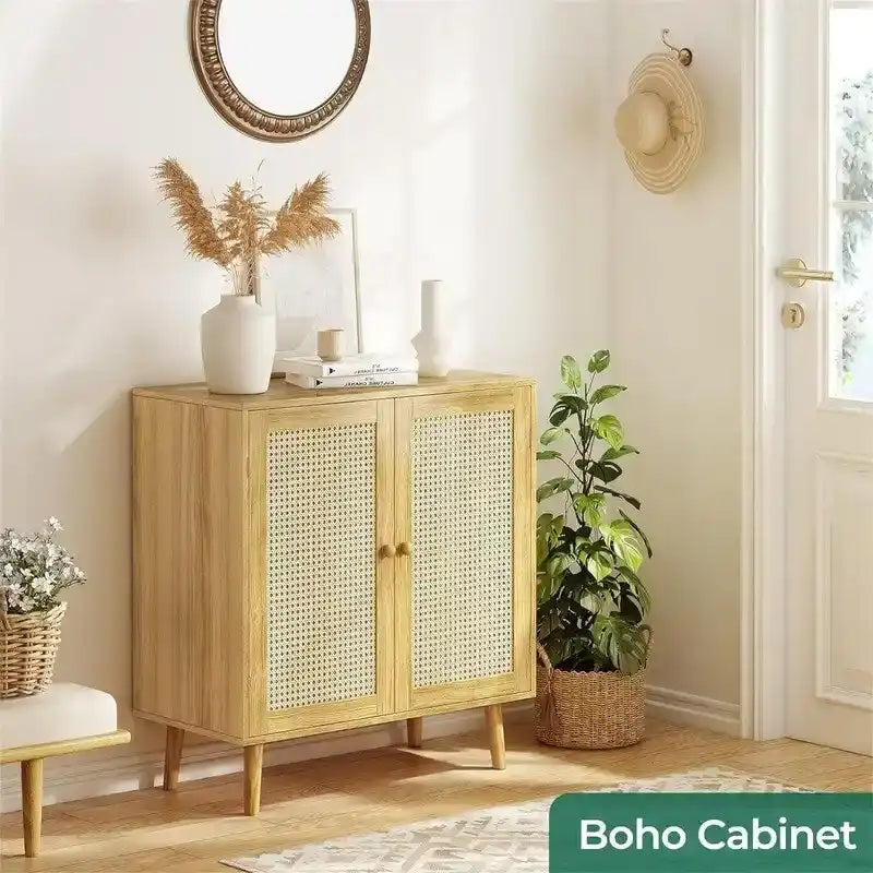 Meuble de rangement avec portes décoratives en rotin PE - 39,9 P x 80 L x 87,9 H cm