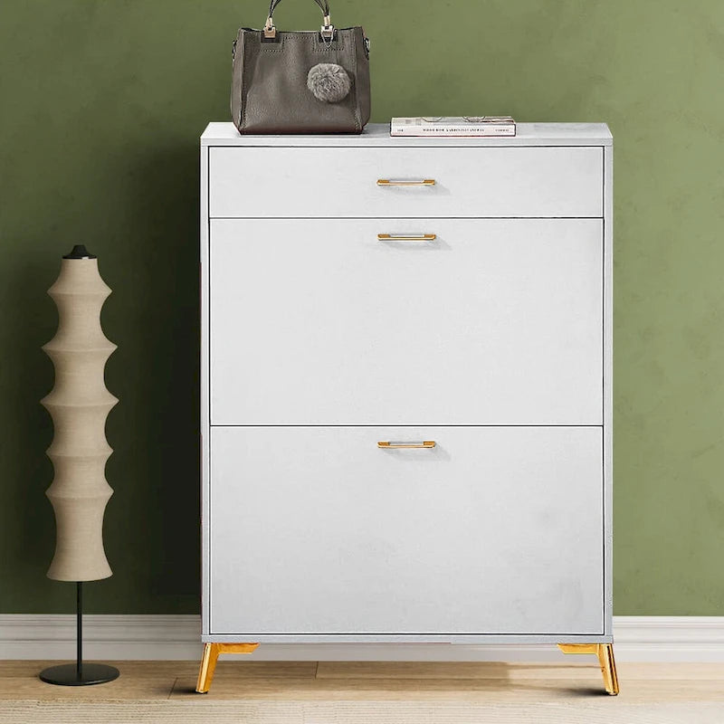 Meuble à chaussures moderne et élégant en bois avec poignées et pieds en métal doré