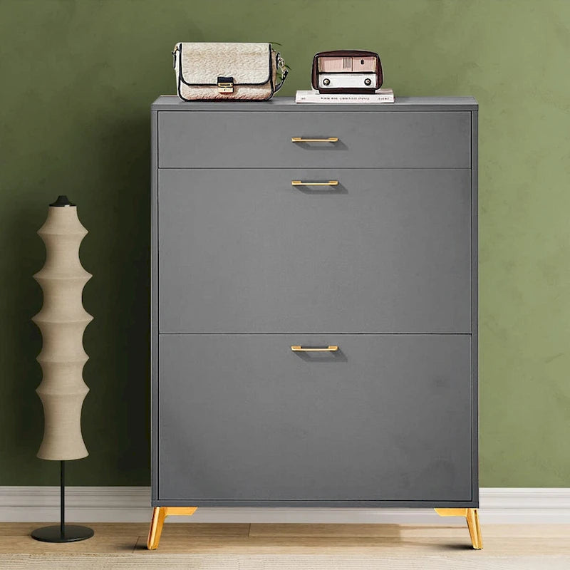 Meuble à chaussures moderne et élégant en bois avec poignées et pieds en métal doré