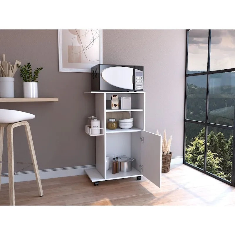 Chariot de cuisine, armoire à porte unique, quatre roulettes, finition blanche, haute qualité et durable