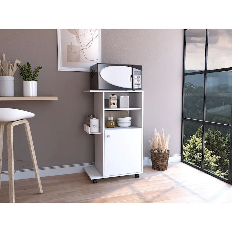 Chariot de cuisine, armoire à porte unique, quatre roulettes, finition blanche, haute qualité et durable