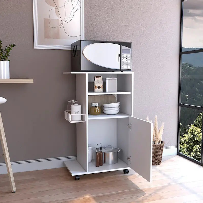 Chariot de cuisine, armoire à porte unique, quatre roulettes, finition blanche, haute qualité et durable