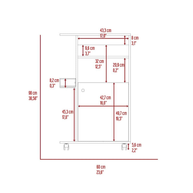 Chariot de cuisine, armoire à porte unique, quatre roulettes, finition blanche, haute qualité et durable