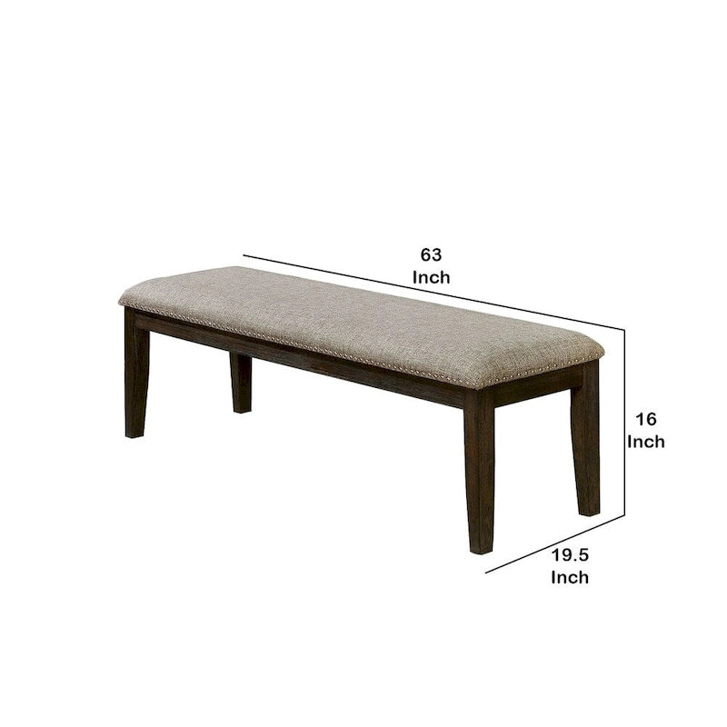 Banc rembourré en tissu avec garniture cloutée et pieds fuselés, gris et expresso