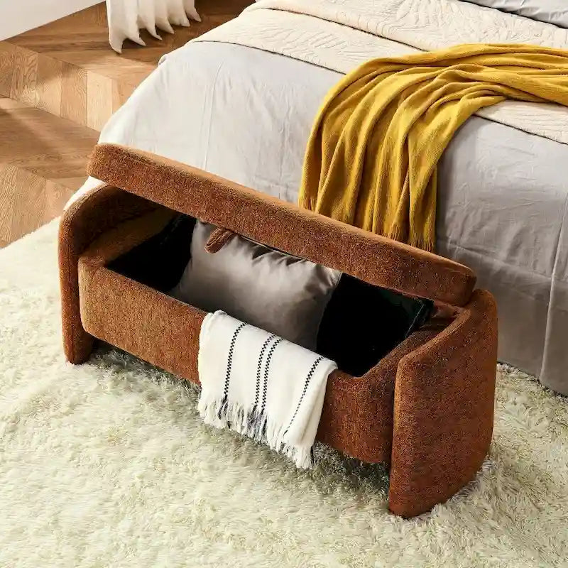 Banc de rangement ottoman ovale en tissu chenille avec grand espace de rangement