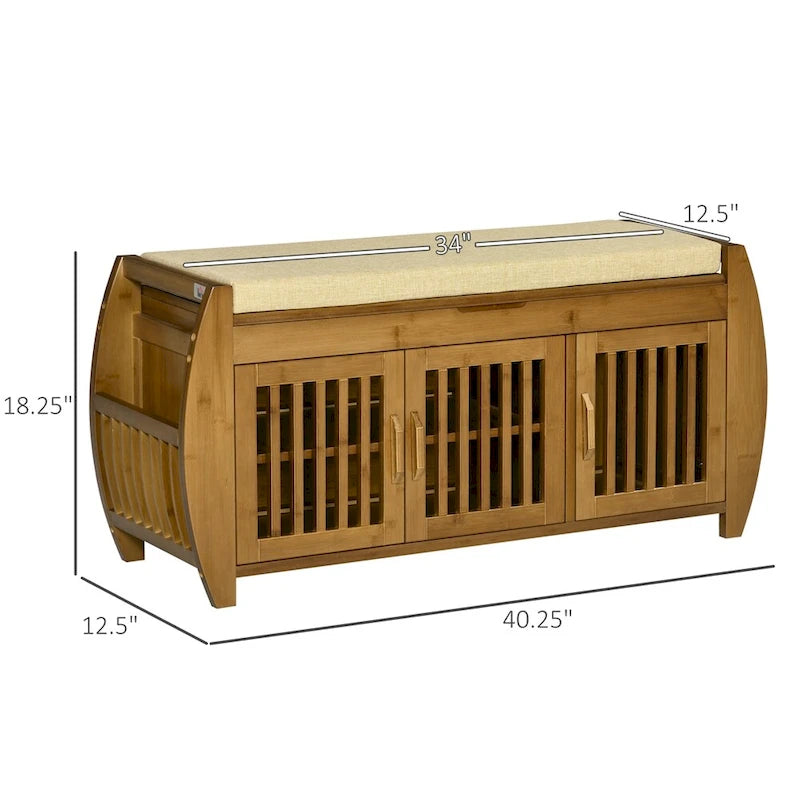 Banc à chaussures en bambou avec coussin d'assise et compartiment caché