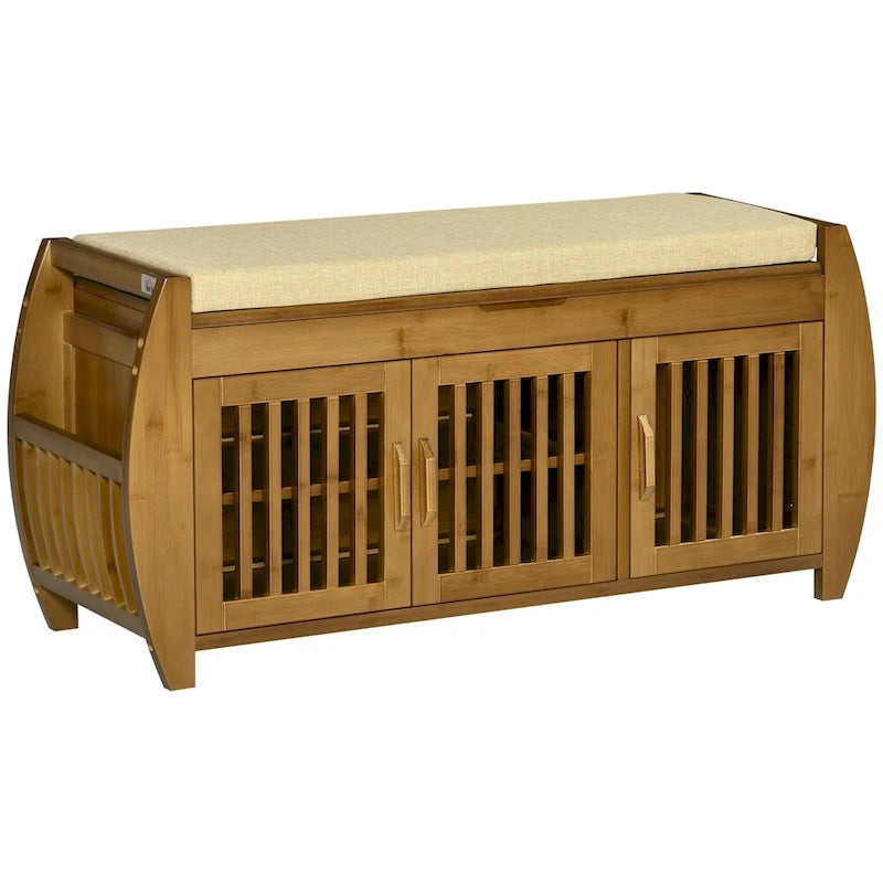 Banc à chaussures en bambou avec coussin d'assise et compartiment caché