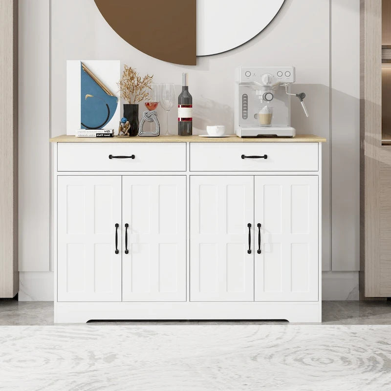 Buffet de style campagnard avec 2 tiroirs et 4 portes, adapté pour la salle à manger, le salon et la cuisine - blanc.