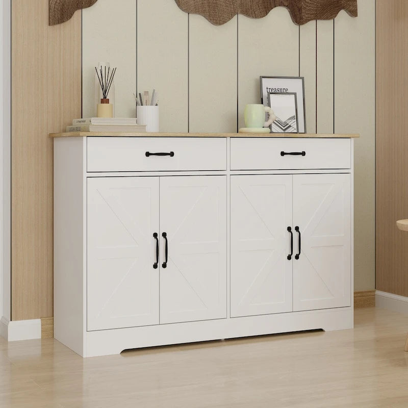 Buffet de style campagnard avec 2 tiroirs et 4 portes, adapté pour la salle à manger, le salon et la cuisine - blanc.