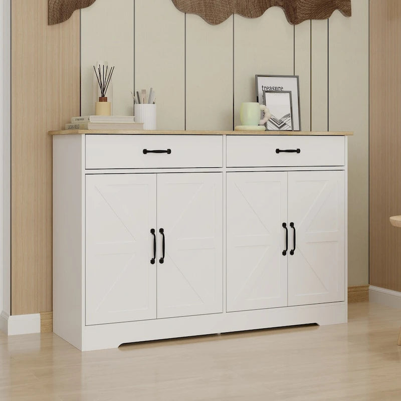 47.95 Farmhouse Buffet Cabinet Storage Sideboard with 2 Drawers and 4 Doors for Dining Living Room Kitchen Cupboard-White