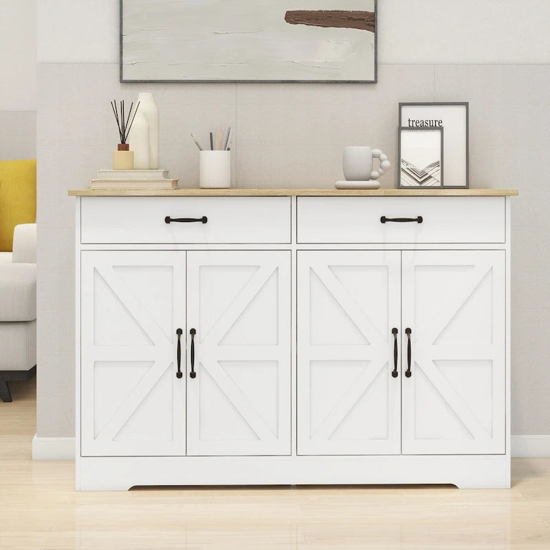 Buffet de style campagnard avec 2 tiroirs et 4 portes, adapté pour la salle à manger, le salon et la cuisine - blanc.