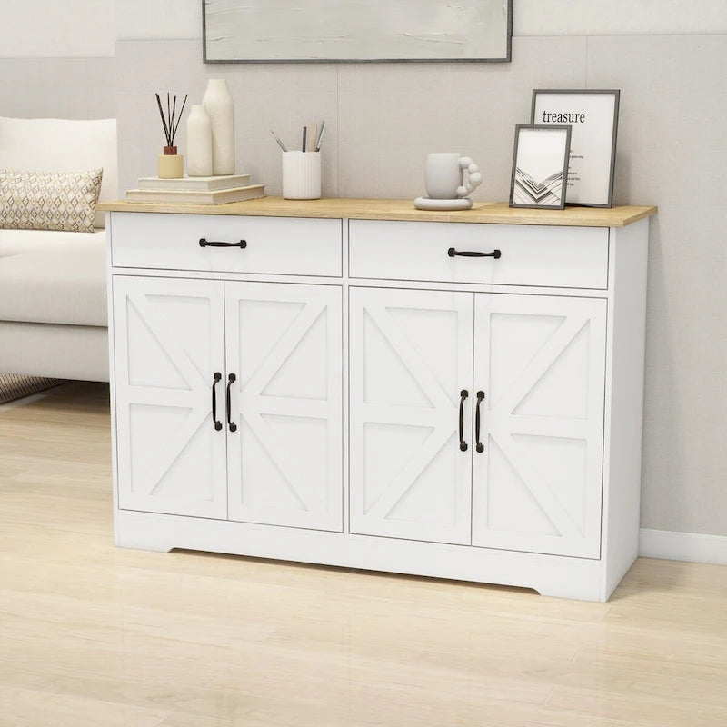 Buffet de style campagnard avec 2 tiroirs et 4 portes, adapté pour la salle à manger, le salon et la cuisine - blanc.
