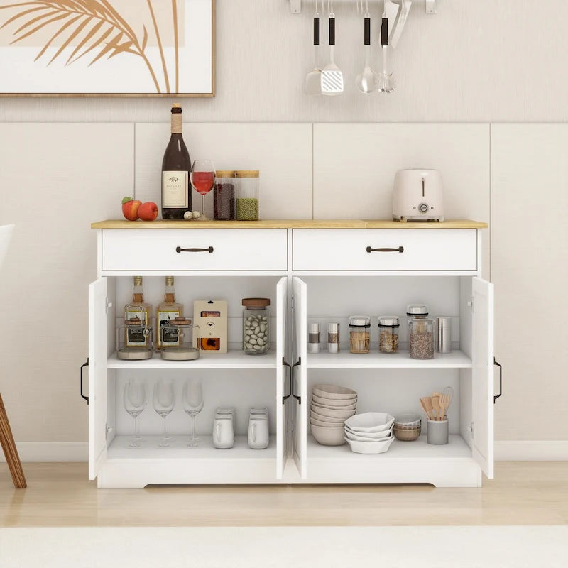 Buffet de style campagnard avec 2 tiroirs et 4 portes, adapté pour la salle à manger, le salon et la cuisine - blanc.