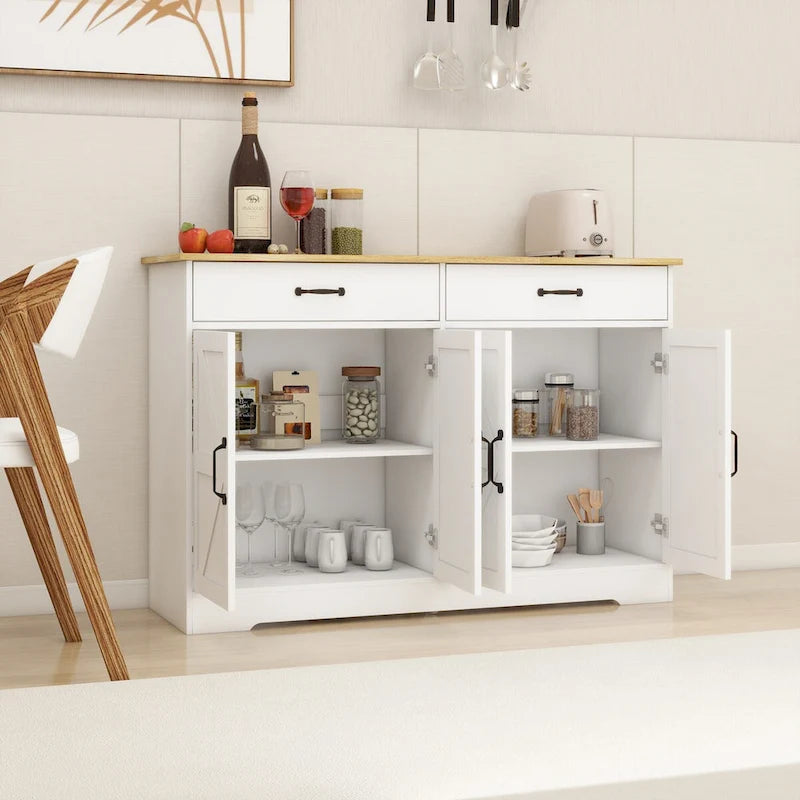 Buffet de style campagnard avec 2 tiroirs et 4 portes, adapté pour la salle à manger, le salon et la cuisine - blanc.
