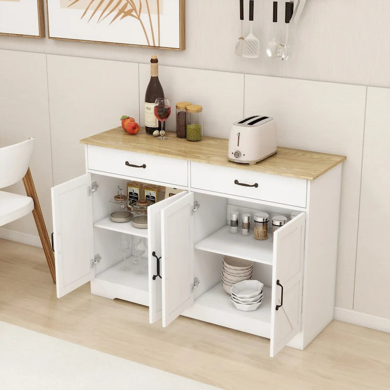 Buffet de style campagnard avec 2 tiroirs et 4 portes, adapté pour la salle à manger, le salon et la cuisine - blanc.