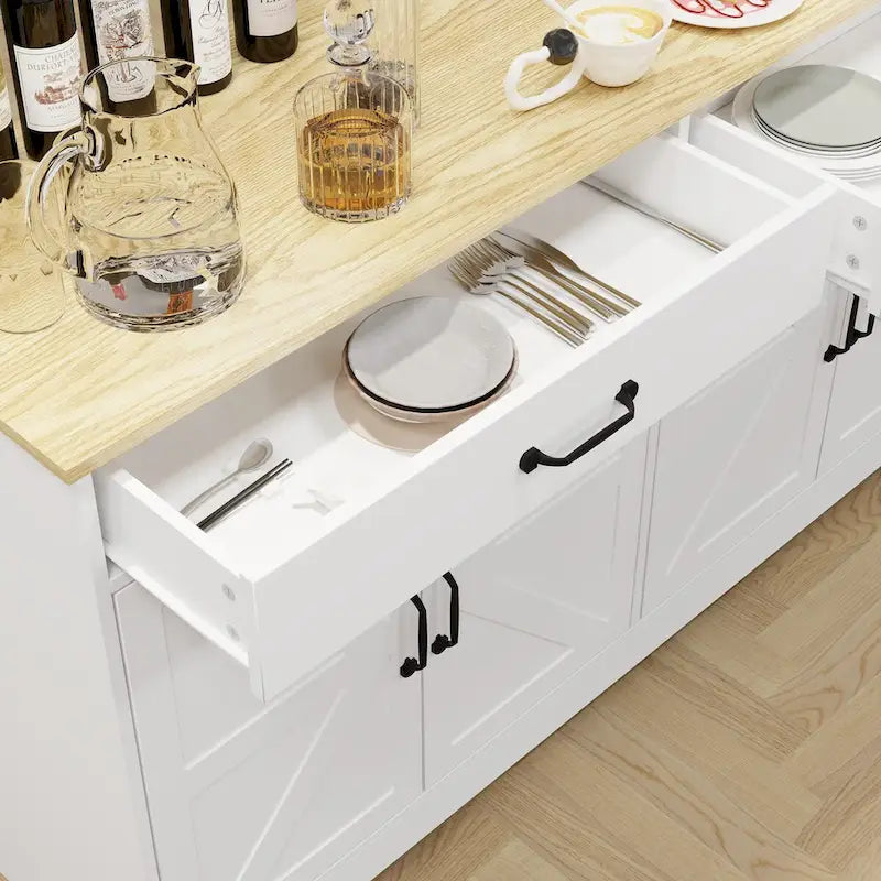 Buffet de style campagnard avec 2 tiroirs et 4 portes, adapté pour la salle à manger, le salon et la cuisine - blanc.