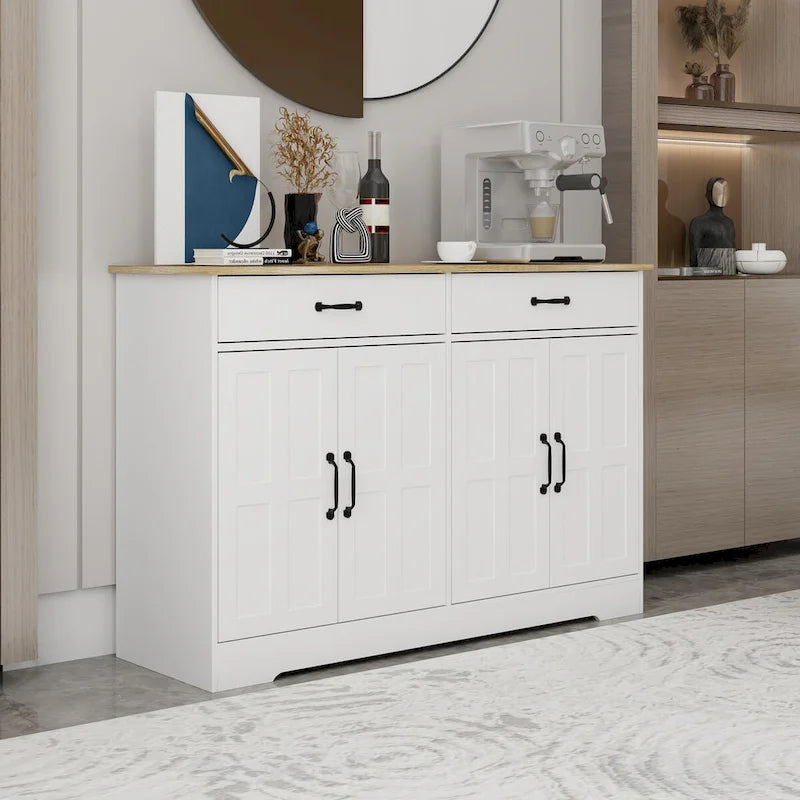 Buffet de style campagnard avec 2 tiroirs et 4 portes, adapté pour la salle à manger, le salon et la cuisine - blanc.
