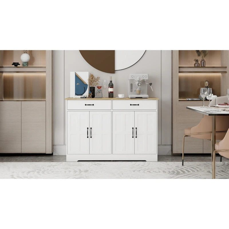 Buffet de style campagnard avec 2 tiroirs et 4 portes, adapté pour la salle à manger, le salon et la cuisine - blanc.