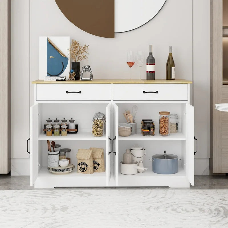 Buffet de style campagnard avec 2 tiroirs et 4 portes, adapté pour la salle à manger, le salon et la cuisine - blanc.
