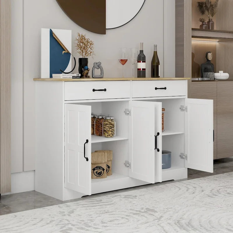 Buffet de style campagnard avec 2 tiroirs et 4 portes, adapté pour la salle à manger, le salon et la cuisine - blanc.