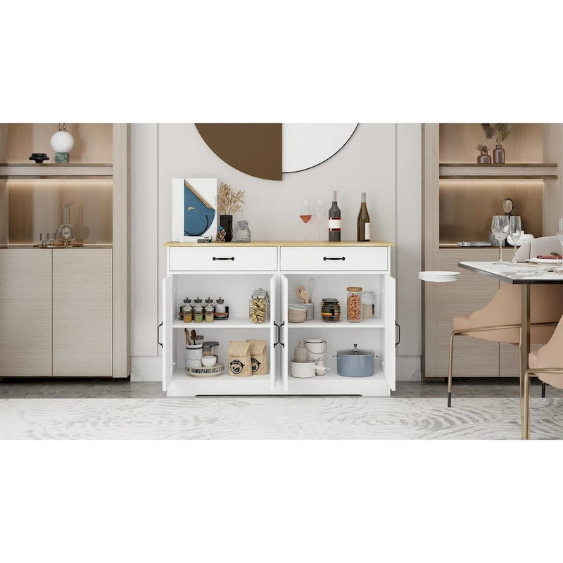Buffet de style campagnard avec 2 tiroirs et 4 portes, adapté pour la salle à manger, le salon et la cuisine - blanc.