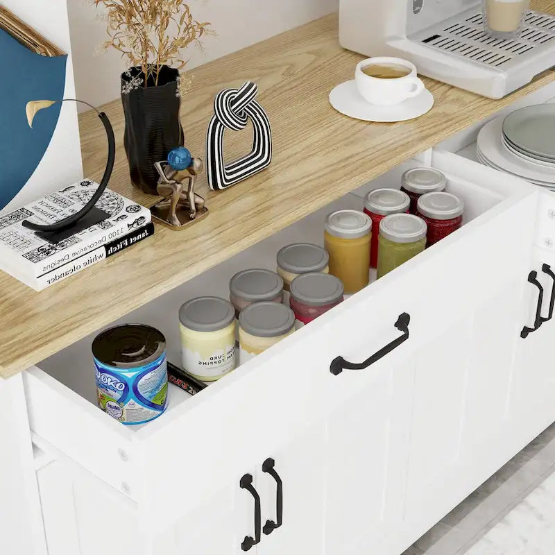 Buffet de style campagnard avec 2 tiroirs et 4 portes, adapté pour la salle à manger, le salon et la cuisine - blanc.