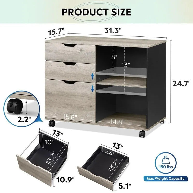 Meuble de classement en bois, classeur latéral mobile - 39,9 P x 79,5 L x 62,7 H cm